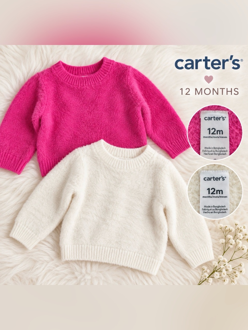 Carter’s Baby Girl 12M Fuzzy Sweater 2-Pack Pink & Cream Cozy Knit NWOT